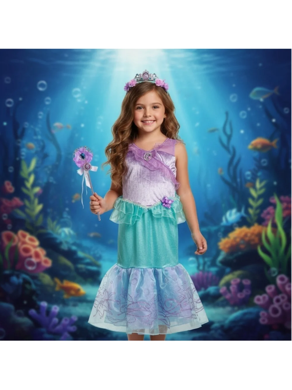 SET Disney Princess The Little Mermaid Costume Cosplay Wand Tiara Halloween